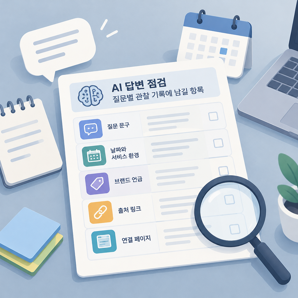 AI 생성 설명 이미지: AEO 최적화 AI SGAEO | AI 답변 점검 질문별 관찰 기록에 남길 항목